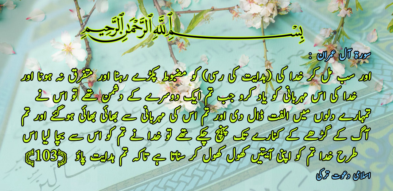 اور سب مل کر خدا کی (ہدایت کی رسی) کو مضبوط پکڑے رہنا