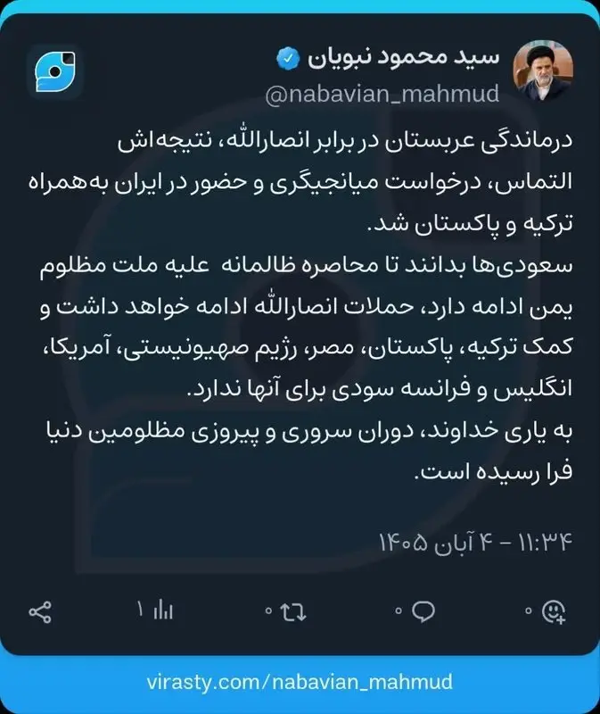 سعودی عرب، ترکی اور پاکستان کے مطالبات نتیجہ خیز نہیں ہوں گے: سید محمود نبویان